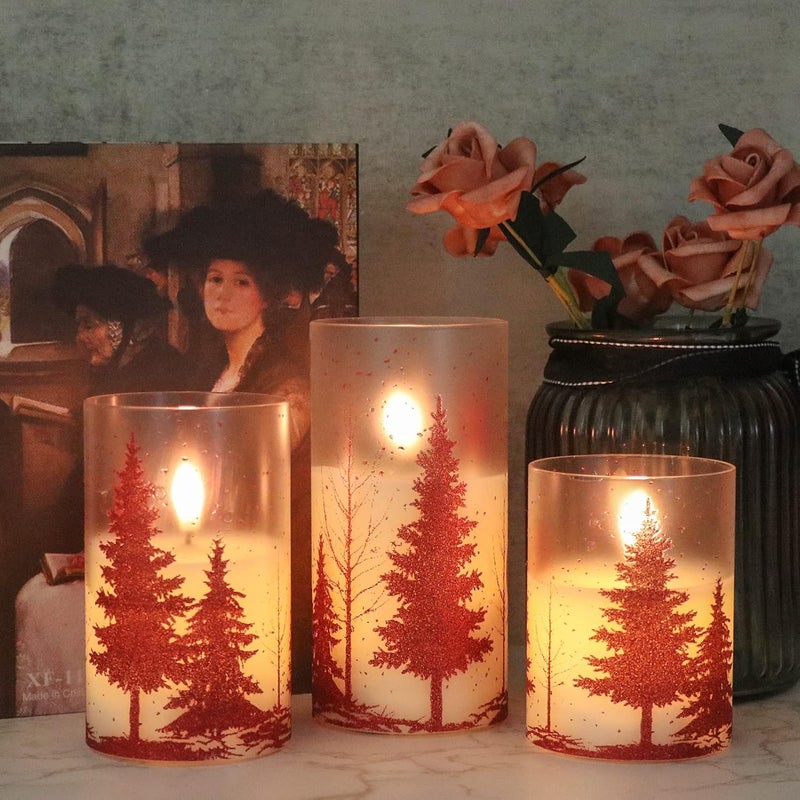 DRomance Christmas Tree Glass Flameless Candles with Remote Timer Battery Operated Real Wax 3D Wick LED Flickering Pillar Candles Christmas Holiday Decor(Red, 3 x 4,5,6 Inch) - Image 5